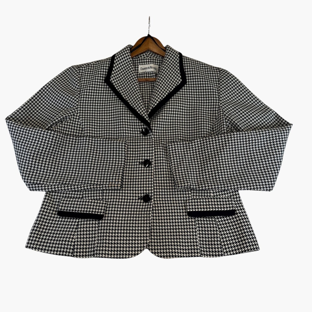 Danny & Nicole Womens Black White Houndstooth Blazer Jacket Size 16 Velvet Trim